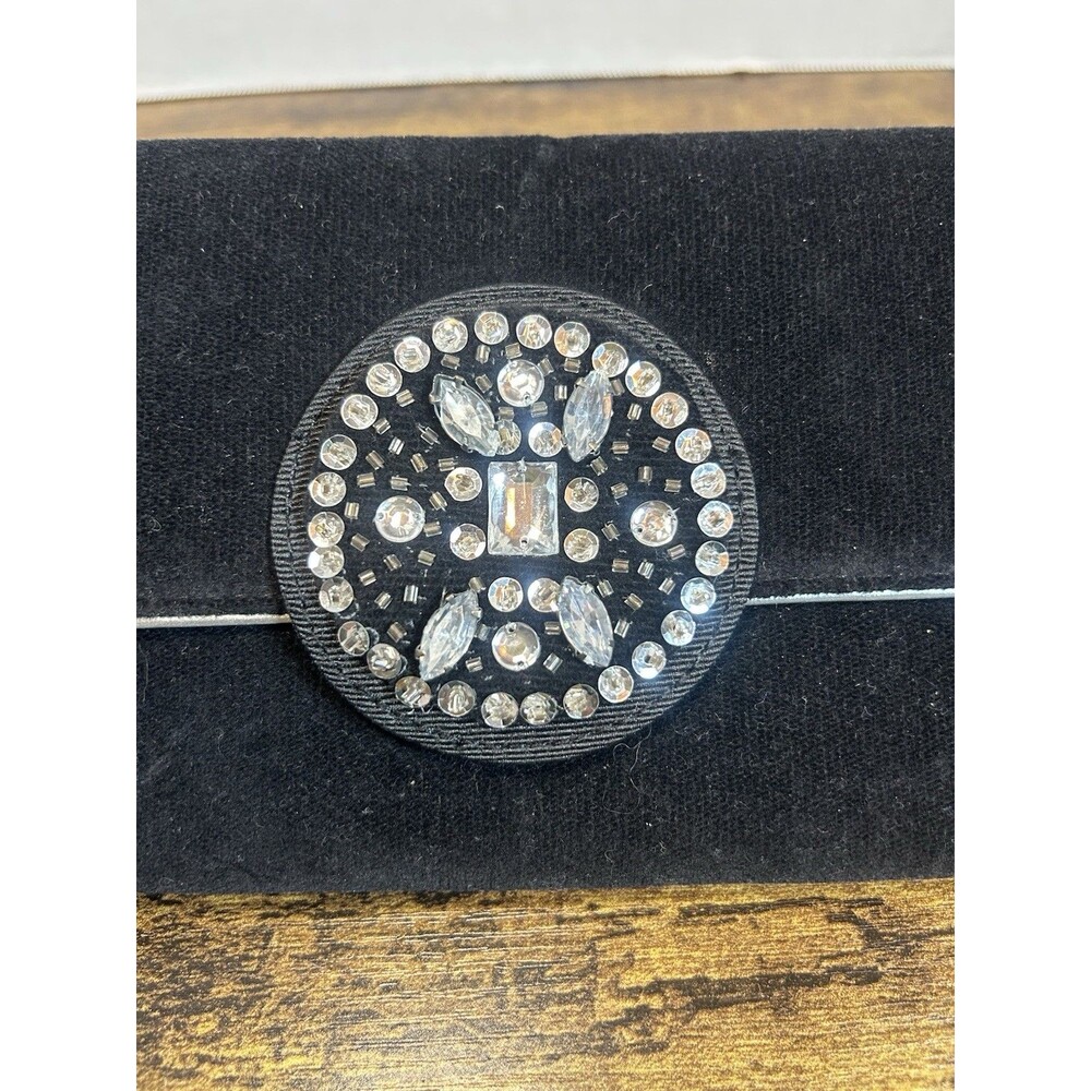 Victoria's Secret Black Velvet Clutch Rhinestone Buckle Rectangle 11x4x2" - Picture 9 of 13